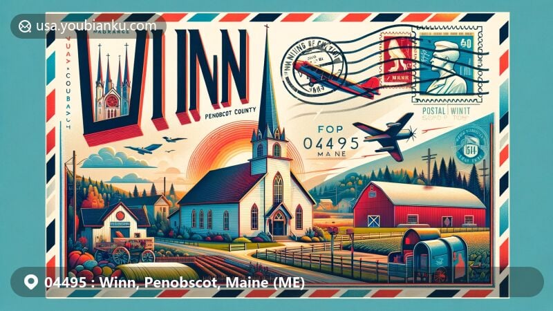 Modern illustration of Winn, Penobscot County, Maine, showcasing town's history and culture with Sacred Heart Church and agricultural scene, alongside postal elements like vintage stamp with ZIP code 04495, postal mark, and classic mailbox.