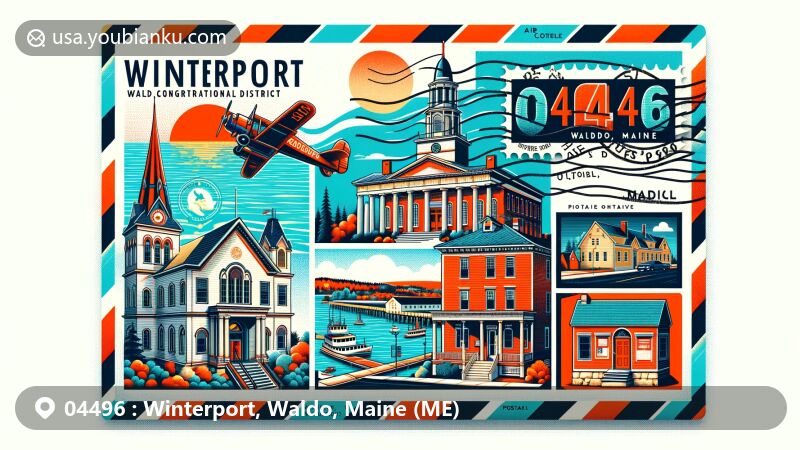 Modern illustration of Winterport, Waldo, Maine, depicting historic district with Greek Revival and Italianate architecture, including Winterport Congregational Church and Old Commercial House, against scenic Penobscot River. Postal elements feature vintage stamp, postmark, and American mailbox with ZIP code 04496.