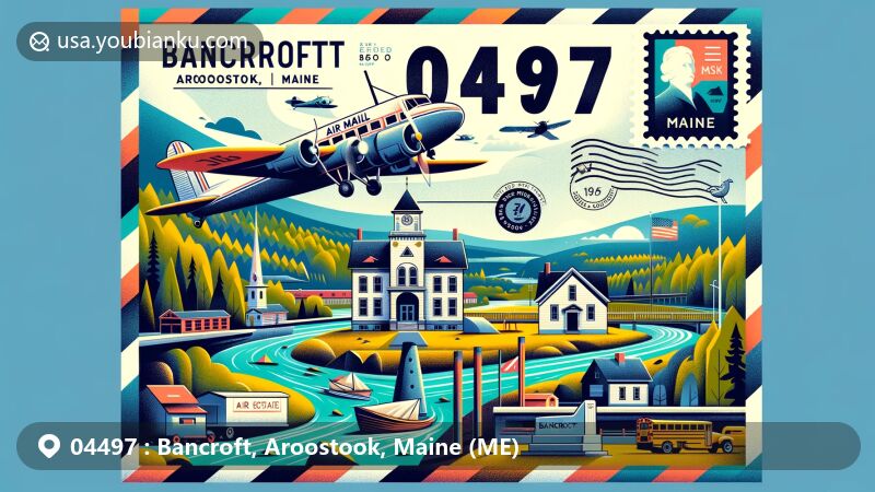Modern illustration of Bancroft, Aroostook County, Maine, featuring air mail envelope with key landmarks like Mattawamkeag River, old schoolhouse, and Veterans Memorial, set against picturesque Maine landscape, showcasing ZIP code 04497 and Bancroft's identity.