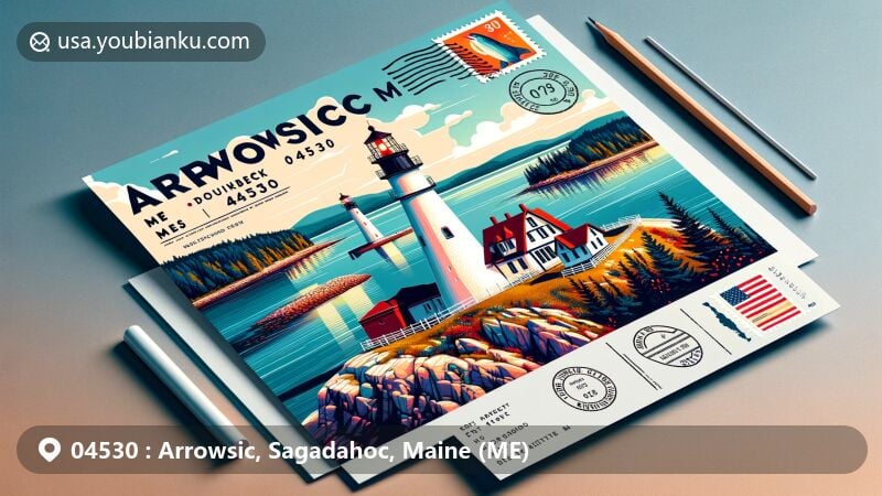 Modern illustration of Arrowsic, Maine featuring Squirrel Point and Doubling Point lighthouses, Kennebec River scenery, and postal theme with 'Arrowsic, ME 04530'