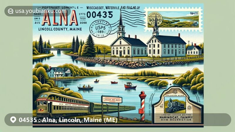 Modern illustration of Alna, Lincoln County, Maine, showcasing iconic Alna Meeting House from 1789 and scenic Sheepscot River, with representation of Wiscasset, Waterville, and Farmington Railway Museum. Tranquil Maine landscape with postal elements like vintage stamp and mailbox.