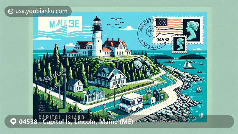 Modern illustration of Capitol Island, Lincoln County, Maine, featuring postal theme with ZIP code 04538, showcasing Burnt Island Light Station and Acadia National Park.
