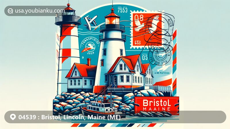 Modern illustration of Pemaquid Point Lighthouse in Bristol, Maine, with postal theme elements like stamps, postmark, and ZIP Code 04539.