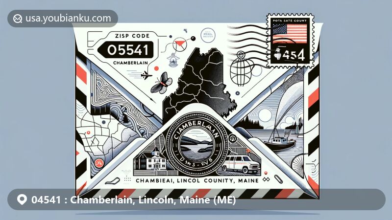 Modern illustration of Chamberlain, Lincoln County, Maine, depicting airmail envelope with ZIP code 04541, featuring Maine state seal, Lincoln County map, Chamberlain Lake, postal elements, and contemporary design.