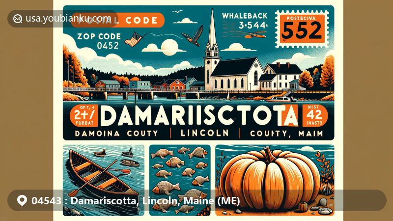 Modern illustration of Damariscotta, Lincoln County, Maine, featuring Damariscotta River, Baptist Church, Pumpkinfest imagery, and Whaleback Shell Midden, with postal theme and ZIP code 04543.