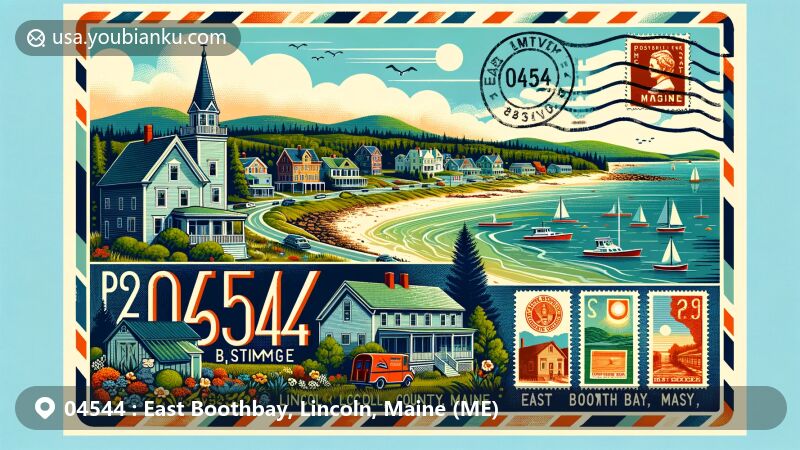 Modern illustration of East Boothbay, Lincoln County, Maine, showcasing coastal views, New England architecture, and lush greenery, with vintage postcard displaying postal theme with ZIP code 04544.