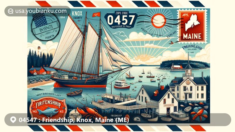 Modern illustration of Friendship, Knox County, Maine, featuring a historic Friendship Sloop sailboat symbolizing maritime heritage, with postal elements like vintage stamp, postmark, lobster, and fish motifs.