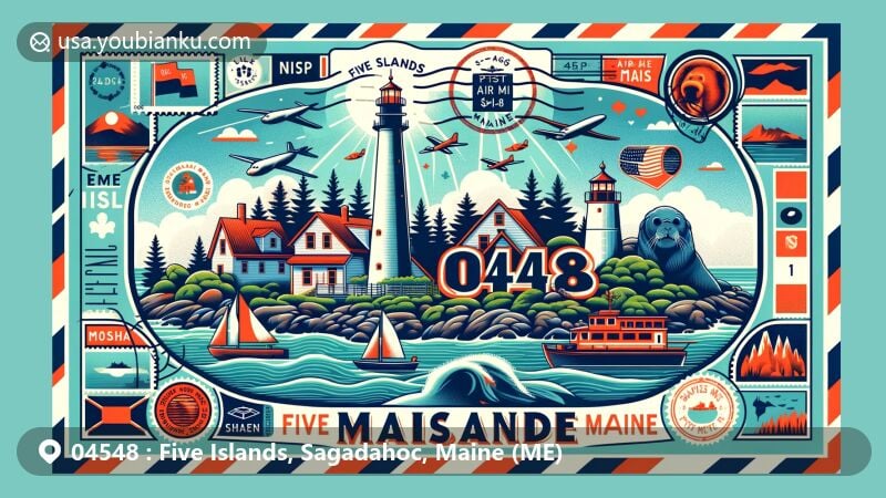 Modern illustration of Five Islands, Sagadahoc County, Maine, highlighting postal theme with ZIP code 04548, featuring lighthouses, seals, coastal scenery, Maine state symbols, and seafood elements.
