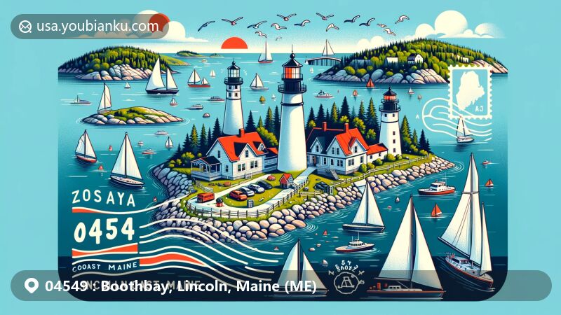 Modern illustration of Boothbay, Lincoln County, Maine, capturing maritime and natural beauty with three lighthouses - Burnt Island Light, Ram Island Light, Cuckolds Light, Monhegan Island scenery, and Coastal Maine Botanical Gardens, featuring postal elements and ZIP code 04549.