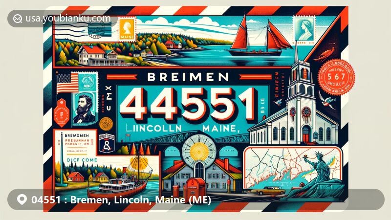 Vintage depiction of Bremen, Lincoln County, Maine, showcasing maritime history and natural beauty with ZIP code 04551, featuring Muscongus Bay and Bremen Union Church.