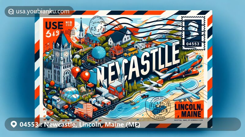 Modern illustration of Newcastle, Lincoln County, Maine, showcasing postal theme with ZIP code 04553, featuring Maine state flag, Lincoln County outline, and iconic symbols of Newcastle.