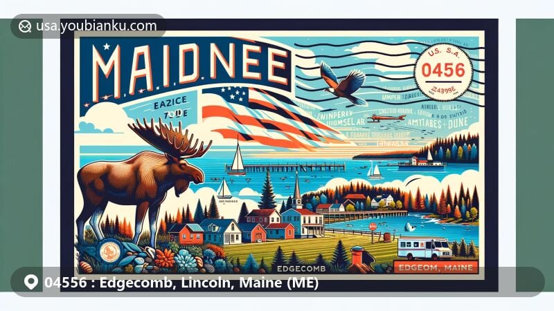 Modern illustration of Edgecomb, Maine, showcasing postal theme with ZIP code 04556, featuring town's geography, historical landmarks, cultural elements, and Maine state flag.