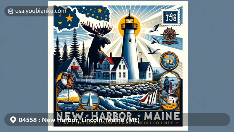Modern illustration of New Harbor, Lincoln County, Maine, capturing the essence of coastal beauty with Pemaquid Point Lighthouse and Maine state symbols, including a moose, farmer, seaman, and the North Star.