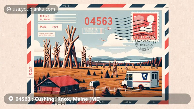 Modern illustration of Cushing, Knox, Maine showcasing rural landscape, Langlais Art Preserve sculptures, postal theme with ZIP code 04563, featuring mailbox and mail truck elements.