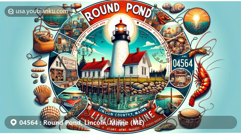 Modern illustration of Round Pond area in Lincoln County, Maine, centered around Pemaquid Point Lighthouse with postal theme showcasing ZIP code 04564, featuring local cultural and maritime elements like antique shops, art galleries, lobster traps, and oyster shells.