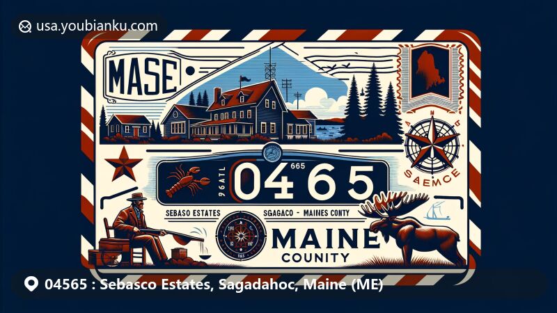 Modern illustration of Sebasco Estates, Sagadahoc County, Maine, showcasing postal theme with ZIP code 04565, featuring Sebasco Harbor Resort and Maine state symbols.