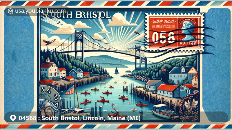 Vintage illustration of South Bristol, Lincoln County, Maine, showcasing postal theme with ZIP code 04568, featuring iconic swing bridge, fishing village, and kayakers in Muscongus Bay.