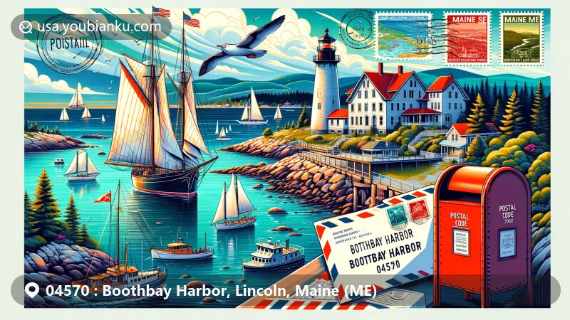Vibrant illustration of Boothbay Harbor, Lincoln County, Maine, with historic landmarks like Boothbay Opera House and Burnt Island Lighthouse, traditional Maine windjammer, rocky coastline, airmail envelope with postal elements, and classic red mailbox.