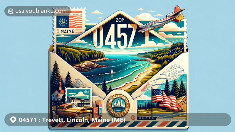 Modern illustration of Trevett, Lincoln County, Maine, capturing coastal beauty along the Atlantic Ocean with postal theme elements like airmail envelope, stamps, and ZIP code 04571, featuring Maine's state flag and Lincoln County map outline.