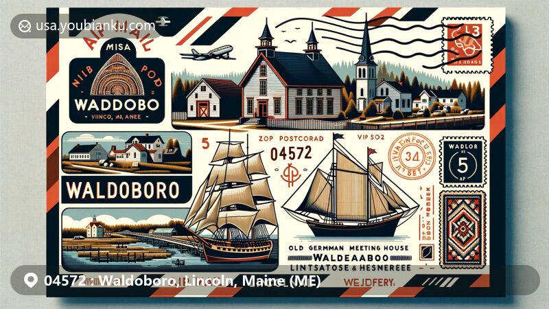 Modern illustration of Waldoboro, Lincoln County, Maine, showcasing postal theme with ZIP code 04572, featuring historic landmarks, shipbuilding history, and scenic river views.