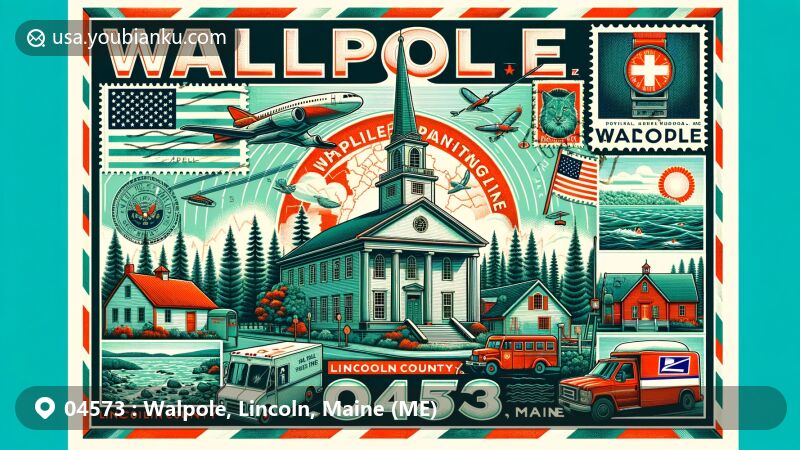 Modern illustration of Walpole, Lincoln County, Maine, featuring postal theme with ZIP code 04573, highlighting historic Walpole Meetinghouse and symbols of Maine.