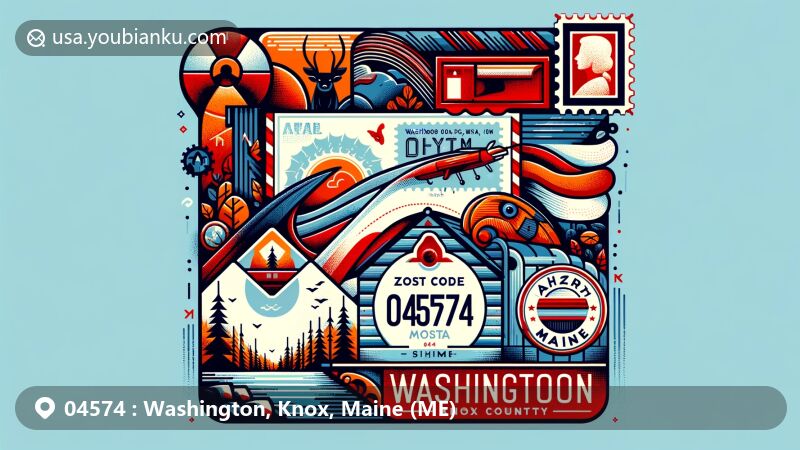 Creative illustration of Washington town, Knox County, Maine, with postal theme incorporating 'Red Paint People' history and natural landscape, featuring airmail envelope and ZIP code 04574 elements.