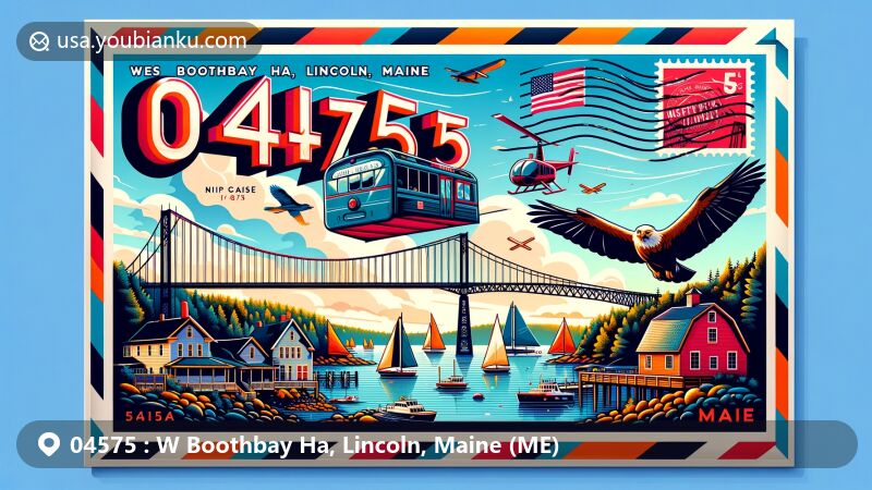 Modern illustration of W Boothbay Ha, Lincoln, Maine (ME), showcasing iconic landmarks of Boothbay Harbor in a vibrant airmail envelope design.