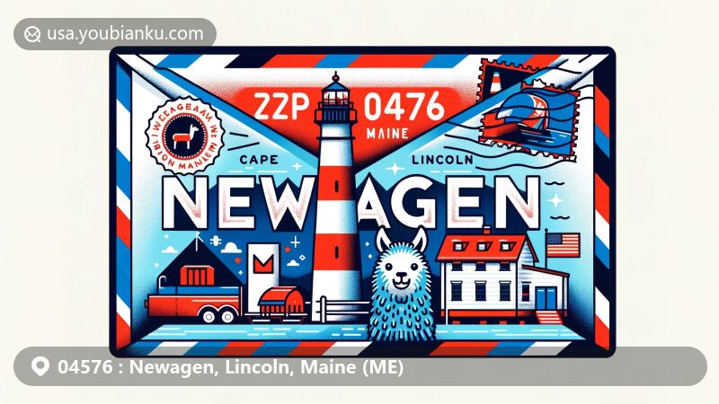 Modern digital illustration of Newagen, Lincoln, Maine (ME), showcasing postal theme with ZIP code 04576, featuring Cape Newagen Alpaca Farm, Burnt Island Lighthouse, Maine state flag elements, and Lincoln County outline.