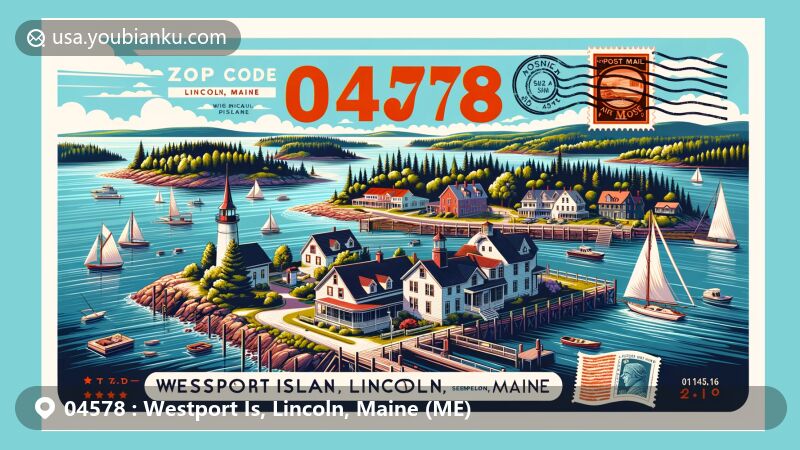 Modern illustration of Westport Island, Lincoln County, Maine, featuring serene coastal landscape with Sheepscot River, Back and Sasanoa Rivers, showcasing Town Hall, Westport Community Church, Squire Tarbox Inn, and Josiah Parsons House, incorporating vintage postal theme and ZIP code 04578.