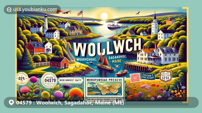 Modern illustration of Woolwich, Sagadahoc, Maine showcasing scenic peninsula with Merrymeeting Bay, Kennebec River, Sasanoa River, and Back River, featuring Days Ferry Historic District, Montsweag Preserve, and postal history with ZIP code 04579.