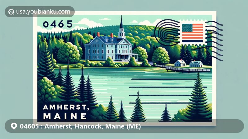 Modern illustration of Amherst, Maine, depicting lush forests, a serene lake, colonial town hall, and postal theme with ZIP code 04605.