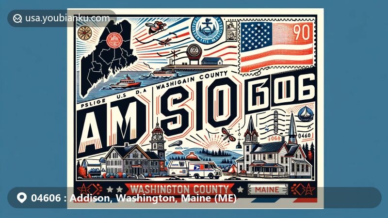 Modern interpretation of Addison, Washington County, Maine, showcasing postal theme with ZIP code 04606, featuring Maine state flag, Washington County outline, and iconic landmarks.