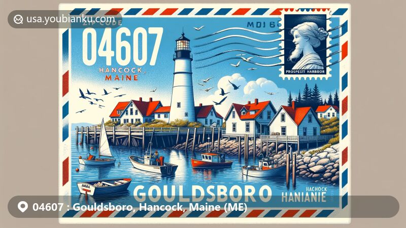 Modern illustration of Gouldsboro, Hancock, Maine, showcasing postal theme with ZIP code 04607, featuring Prospect Harbor Lighthouse and typical fishing village scenery.