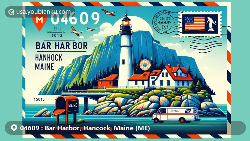 Modern illustration of Bar Harbor, Hancock County, Maine, displaying ZIP code 04609 on an airmail envelope featuring Egg Rock Lighthouse, Cadillac Mountain, Maine state symbols, and iconic postal elements.