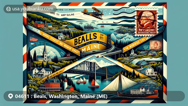Modern illustration of Beals, Washington County, Maine, highlighting postal theme with ZIP code 04611, featuring Jonesport-Beals Bridge, Moosabec Reach fishing vessels, dense forests, rocky coastlines, and glacial remnants.