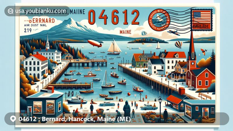 Colorful illustration of Bernard, Hancock County, Maine (ME), capturing a vibrant fishing village with boats and fishermen in the harbor, featuring Mount Desert Island in the background. Includes local art and cultural elements like galleries, artists, and museums, along with postal elements like a vintage stamp with ZIP code 04612 and traditional mailbox.