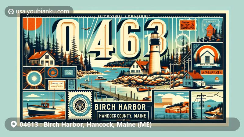 Modern illustration of Birch Harbor, Hancock County, Maine, featuring postal theme with ZIP code 04613, showcasing Prospect Harbor Point Lighthouse and Schoodic Peninsula landscapes.