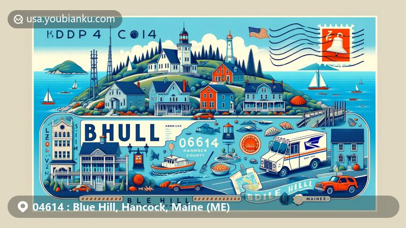 Modern illustration of Blue Hill, Hancock County, Maine, showcasing postal theme with ZIP code 04614, featuring Blue Hill Mountain, Blue Hill Bay, historic Jonathan Fisher House, and Maine's seafood cuisine.