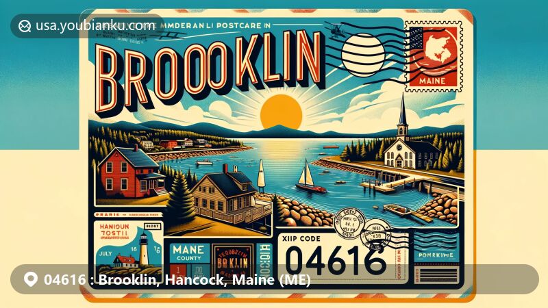 Vibrant illustration of Brooklin, Hancock County, Maine, featuring coastal scenery along Benjamin River and Jericho Bay, with historic buildings like Redman Cottage and Rockbound Chapel, subtly adorned with Maine state flag.