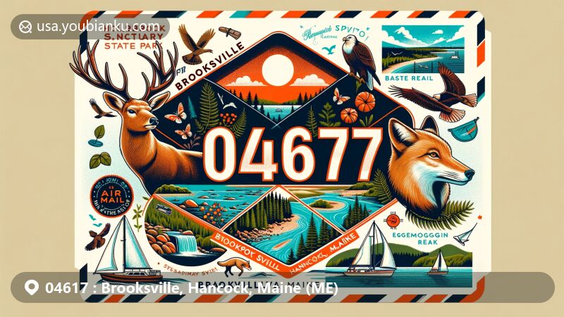 Modern illustration of Brooksville, Hancock, Maine, featuring vintage air mail envelope with ZIP code 04617, showcasing Holbrook Island Sanctuary State Park, Bagaduce River, and Eggemoggin Reach, along with wildlife and sailing community.