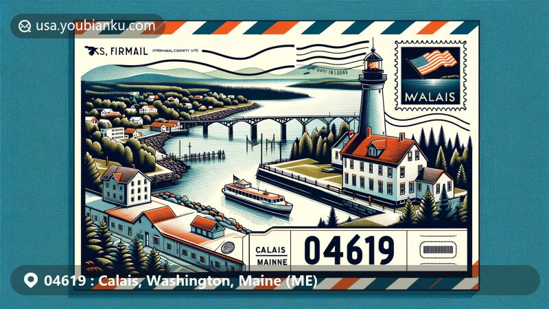 Modern illustration of Calais, Washington County, Maine, featuring postal theme with ZIP code 04619, showcasing St. Croix River, St. Croix Island International Historic Site, and Whitlocks Mill Lighthouse.