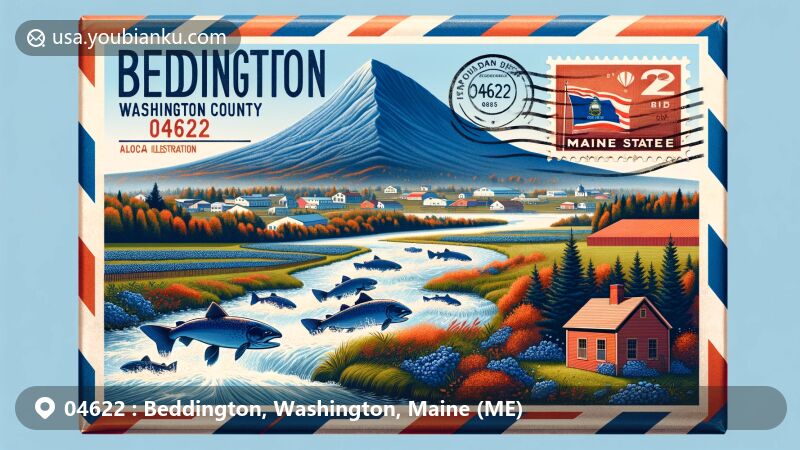 Modern illustration of Beddington, Washington County, Maine, showcasing natural beauty with salmon migration, blueberry fields, Lovejoy Cove, and Lead Mountain, accompanied by Maine state flag and postal elements like vintage postage stamp and red mailbox.