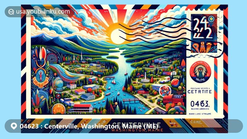 Vibrant illustration of Centerville, Washington County, Maine, depicting nature's beauty with mountains, lakes, rivers, and forests, combined with cultural elements like folk art and Native American celebrations, featuring ZIP code 04623.