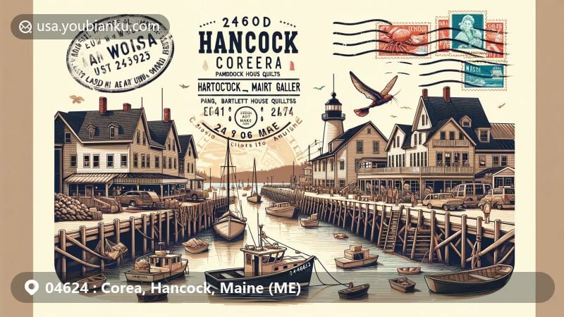 Modern illustration of Corea, Hancock County, Maine, showcasing rustic fishing village charm with lobster boats, waterfront scenery, and local shops like Bartlett House Quilts and Chapter Two Art Gallery, incorporating vintage airmail envelope with postal elements and ZIP code 04624.