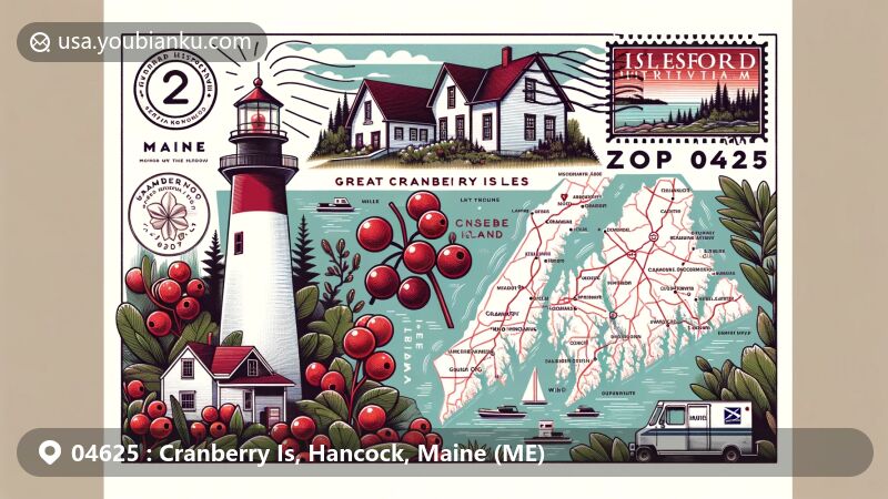 Modern illustration of Cranberry Isles, showcasing Great Cranberry Island and Little Cranberry Island map with wild cranberry plants, Baker Island Light lighthouse, postal elements like stamp, postmark, and ZIP code 04625, along with Islesford Historical Museum.