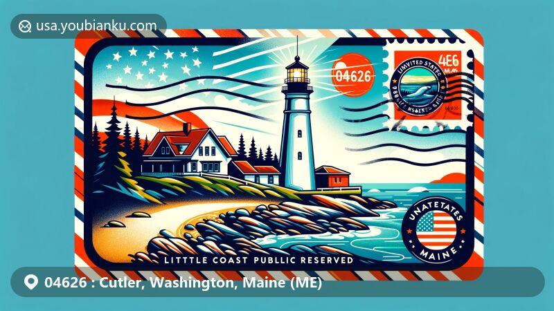 Modern illustration of Cutler, Maine, showcasing Little River Lighthouse, Cutler Coast Public Reserved Land, postmark, stamp, and ZIP code 04626, integrating US flag and Maine state seal elements.