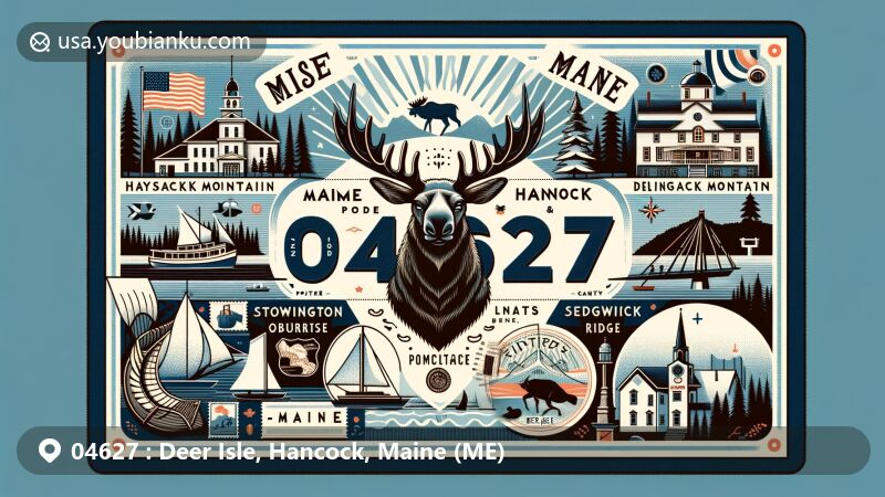 Vintage illustration of Deer Isle, Hancock, Maine (ME), featuring Haystack Mountain Crafts School, Stonington Opera House, and Deer Isle-Sedgwick Bridge, surrounded by Maine state symbols, postal elements, and ZIP code 04627.