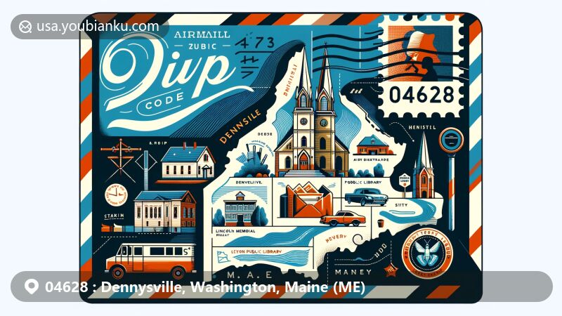 Modern illustration of Dennysville, Maine, depicting postal theme with ZIP code 04628, showcasing stylized map outline, historical church, Lincoln Memorial Public Library, Dennys River, vintage mailbox, and postal van.