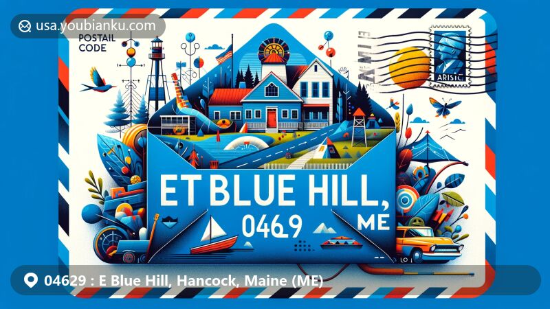 Modern illustration of East Blue Hill, Hancock County, Maine, highlighting postal theme with ZIP code 04629, featuring symbolic elements of community life and local arts, including airmail envelope and postage stamp.