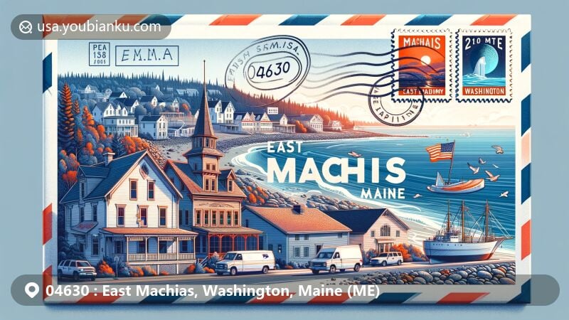 Modern illustration of East Machias, Maine showcasing postal theme with ZIP code 04630, featuring iconic landmarks like historic wooden buildings, Washington Academy, and Machias River scenery.